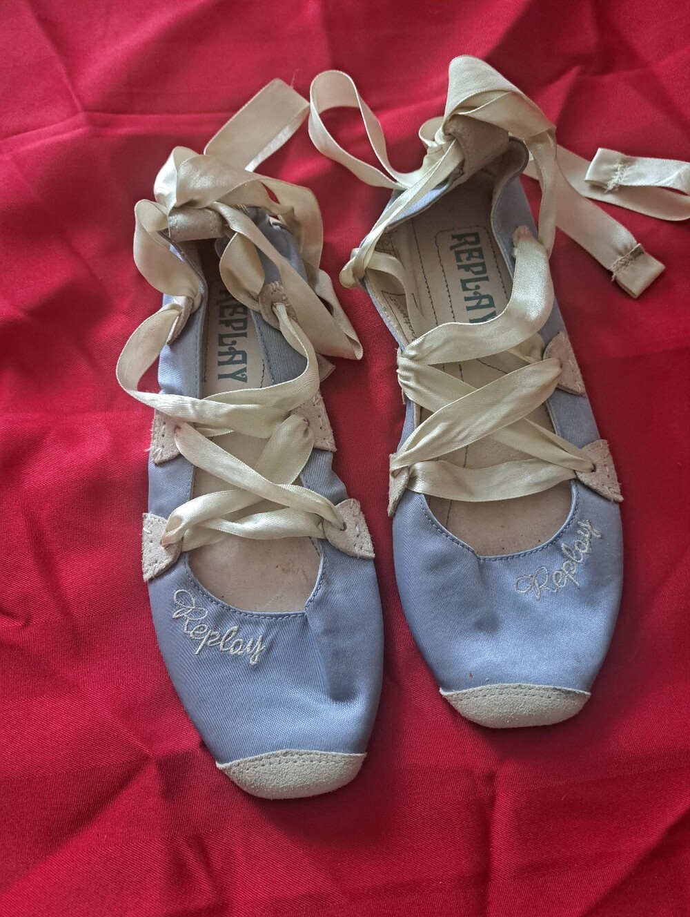 Replay Satin Ballet Flats in Light Blue with Cream Ribbons
